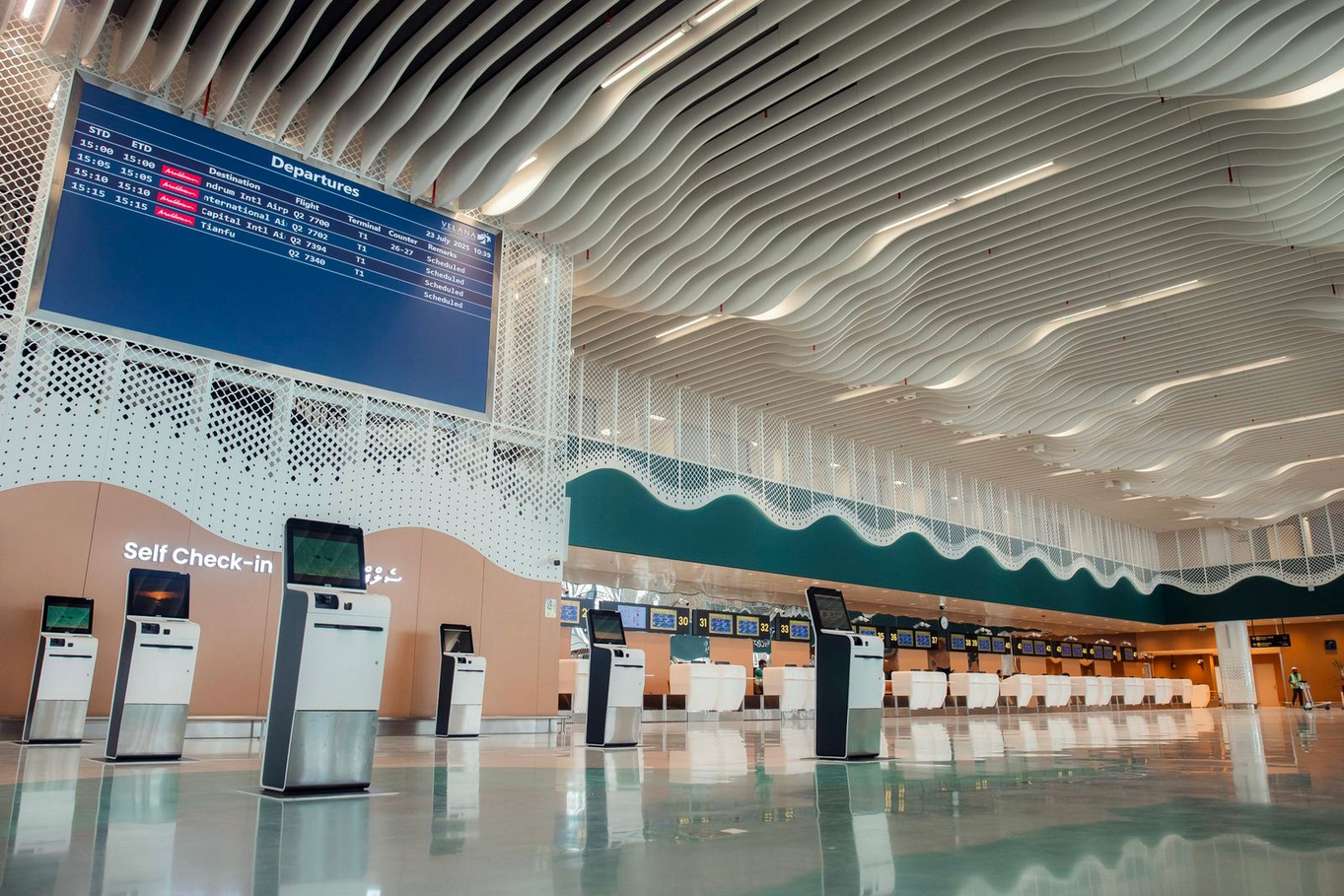 VIA new terminal interior with ocean wave ceiling and geometric screens